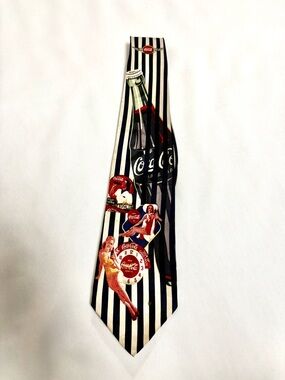 Coca Cola Black & White Striped Necktie with Red Retro Cola Graphics